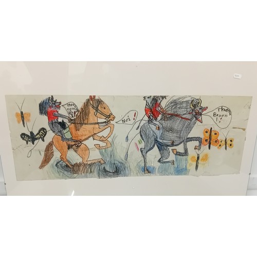 101 - Two framed quirky artworks Child like drawings60x84cm