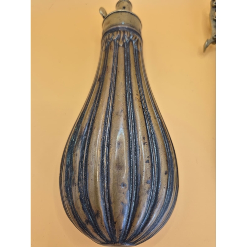 219 - Two Vintage Gun Powder Flask Includes a Copper Dixon & Sons One along with a Unmarked Leather On... 