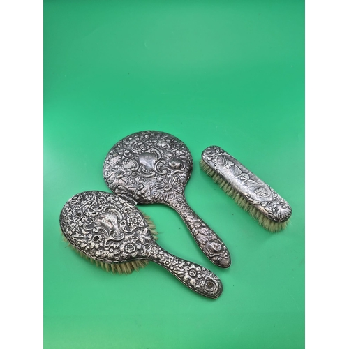 312 - Three Pieces of Sterling Silver Vanity Item Includes Mirror, & Two Brushes Not A Set Just Suitab... 