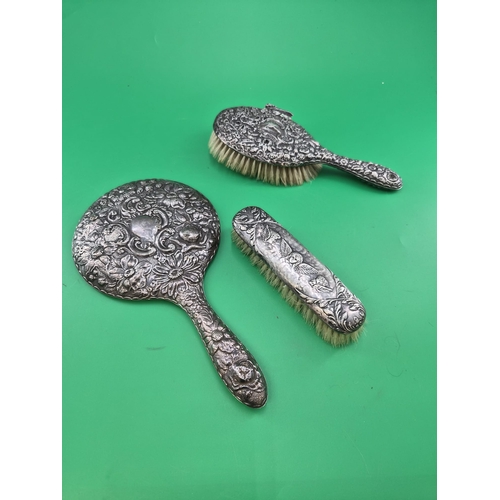 312 - Three Pieces of Sterling Silver Vanity Item Includes Mirror, & Two Brushes Not A Set Just Suitab... 