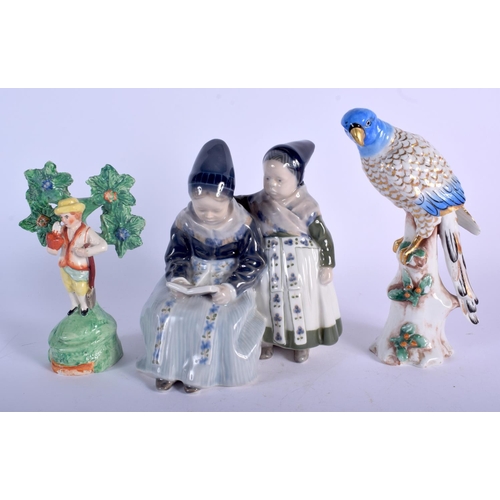 100 - AN ANTIQUE CONTINENTAL PORCELAIN BIRD together with another figure etc. (3)