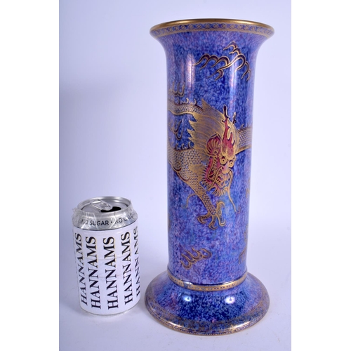 101 - A LARGE WEDGWOOD LUSTRE PORCELAIN CYLINDRICAL VASE painted with dragons. 29 cm high.