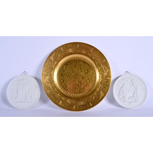 102 - A PAIR OF ANTIQUE ROYAL COPENHAGEN PORCELAIN PANEL and a Minton plate. Largest 25 cm diameter. (3)