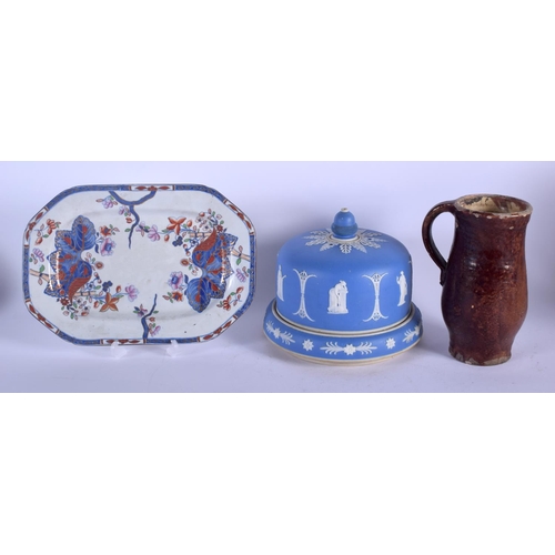 111 - AN ANTIQUE BLUE JASPERWARE CHEESE DISH AND COVER etc. Largest 22 cm wide. (3)