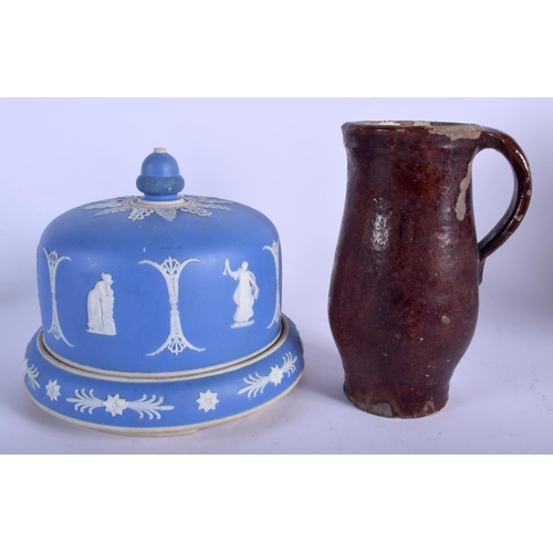 111 - AN ANTIQUE BLUE JASPERWARE CHEESE DISH AND COVER etc. Largest 22 cm wide. (3)
