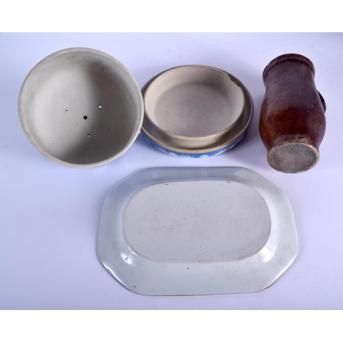 111 - AN ANTIQUE BLUE JASPERWARE CHEESE DISH AND COVER etc. Largest 22 cm wide. (3)