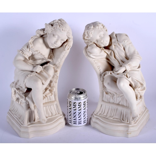 113 - A LARGE PAIR OF 19TH CENTURY ENGLISH PARIANWARE FIGURES After R J Morris, modelled as sleeping child... 