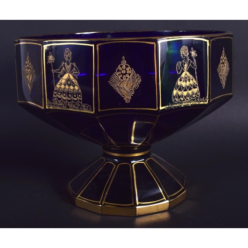 12 - AN ANTIQUE BOHEMIAN BLUE AND GILT PEDESTAL GLASS BOWL decorated with figures. 18 cm x 17 cm.