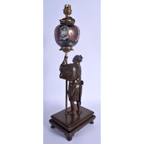 1202 - A 19TH CENTURY JAPANESE MEIJI PERIOD BRONZE AND CLOISONNE ENAMEL LAMP Attributed to Miyao, modelled ... 