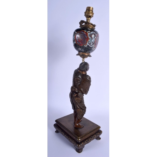 1202 - A 19TH CENTURY JAPANESE MEIJI PERIOD BRONZE AND CLOISONNE ENAMEL LAMP Attributed to Miyao, modelled ... 