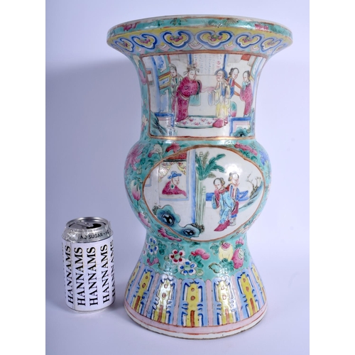 1228 - A LARGE 19TH CENTURY CHINESE CANTON FAMILLE ROSE GU SHAPED VASE Qing, painted with figures and birds... 