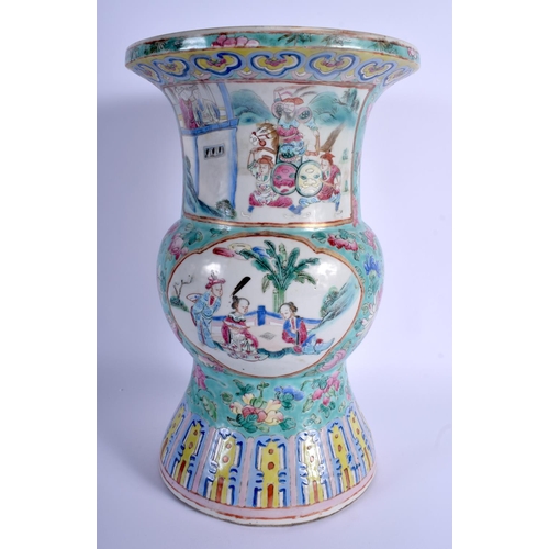 1228 - A LARGE 19TH CENTURY CHINESE CANTON FAMILLE ROSE GU SHAPED VASE Qing, painted with figures and birds... 