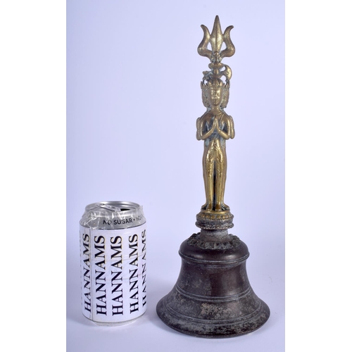1229 - AN 18TH CENTURY CHINESE SINO TIBETAN BRONZE GHANTA RITUAL BELL of highly unusual triple figural form... 
