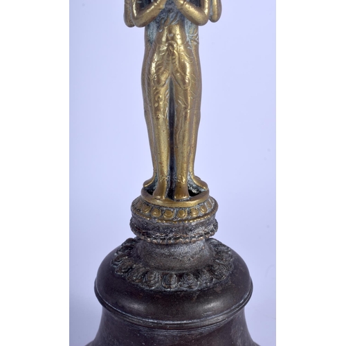 1229 - AN 18TH CENTURY CHINESE SINO TIBETAN BRONZE GHANTA RITUAL BELL of highly unusual triple figural form... 