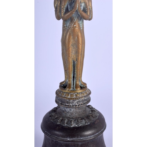1229 - AN 18TH CENTURY CHINESE SINO TIBETAN BRONZE GHANTA RITUAL BELL of highly unusual triple figural form... 