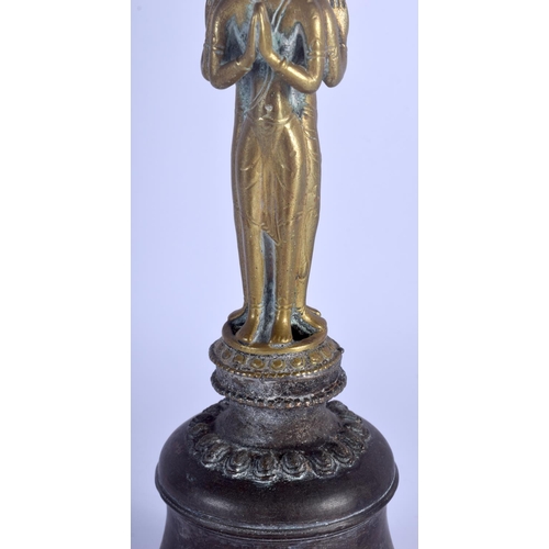 1229 - AN 18TH CENTURY CHINESE SINO TIBETAN BRONZE GHANTA RITUAL BELL of highly unusual triple figural form... 