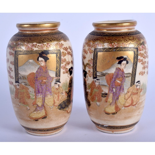 1231 - A PAIR OF 19TH CENTURY JAPANESE MEIJI PERIOD SATSUMA VASES painted with geisha. 9.5 cm high.