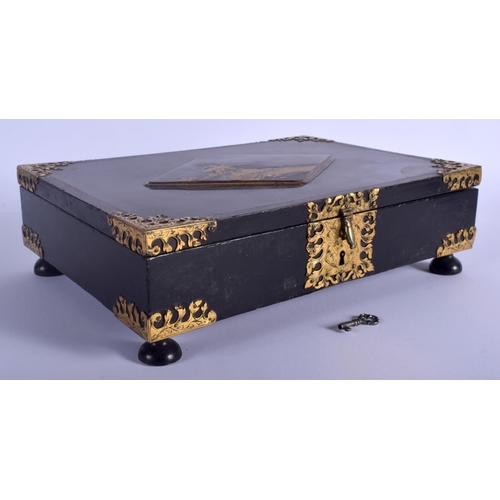 1234 - A RARE 18TH CENTURY JAPANESE EDO PERIOD BLACK LACQUER BOX inset with a lozenge shaped panel depictin... 