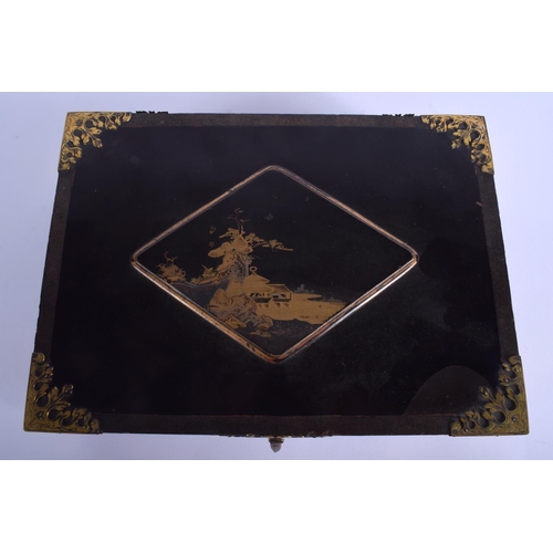 1234 - A RARE 18TH CENTURY JAPANESE EDO PERIOD BLACK LACQUER BOX inset with a lozenge shaped panel depictin... 