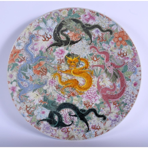 1235 - A FINE 19TH CENTURY CHINESE FAMILLE ROSE DRAGON DISH Qing, bearing Qianlong marks to base, wonderful... 