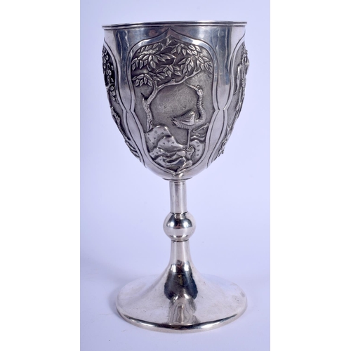 1244 - A 19TH CENTURY CHINESE EXPORT SILVER GOBLET Attributed to Wang Hing, decorated with dragons and figu... 