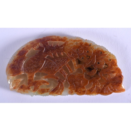 1252 - A 19TH CENTURY CHINESE CARVED RUSSET GREEN JADE PLAQUE Qing, decorated with a bird. 9 cm x 4 cm