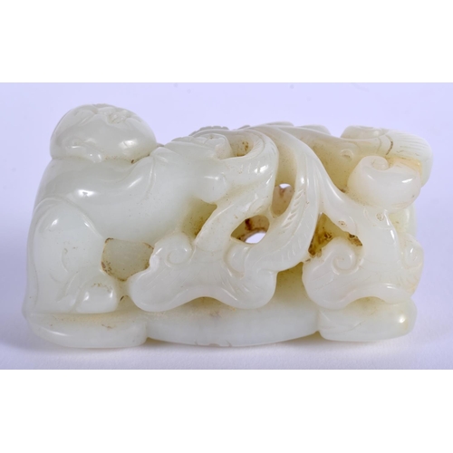 1253 - AN EARLY 20TH CENTURY CHINESE CARVED GREENISH WHITE JADE FIGURE Late Qing/Republic, modelled as a bo... 