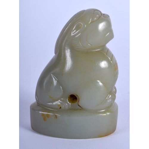 1263 - A 19TH CENTURY CHINESE CARVED GREEN JADE SEAL Qing, modelled as a beast looking upwards. 6.5 cm x 4.... 