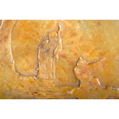 1274 - AN 18TH/19TH CENTURY CHINESE CARVED SOAPSTONE SCHOLARS PANEL Qianlong/Jiaqing, depicting figures wit... 