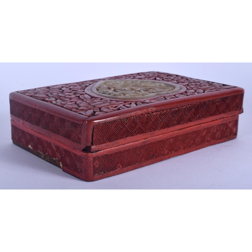 1275 - A 19TH CENTURY CHINESE CARVED CINNABAR LACQUER BOX AND COVER inset with a heart shaped jade plaque. ... 