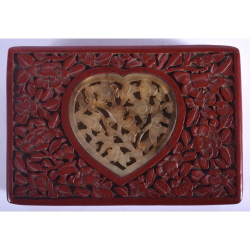 1275 - A 19TH CENTURY CHINESE CARVED CINNABAR LACQUER BOX AND COVER inset with a heart shaped jade plaque. ... 