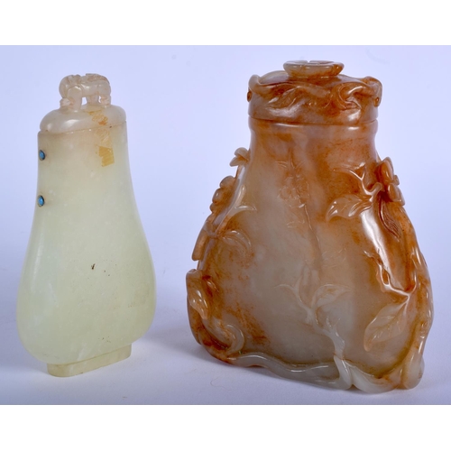 1276 - TWO 19TH CENTURY CHINESE CARVED JADE VASES AND COVERS Qing, one overlaid with flowers. 11.5 cm & 9.5... 