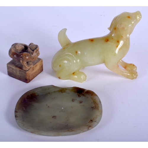 1277 - A 19TH CENTURY CHINESE MUTTON JADE SEAL Qing, together with a jade plaque and dog. Largest 7.5 cm wi... 
