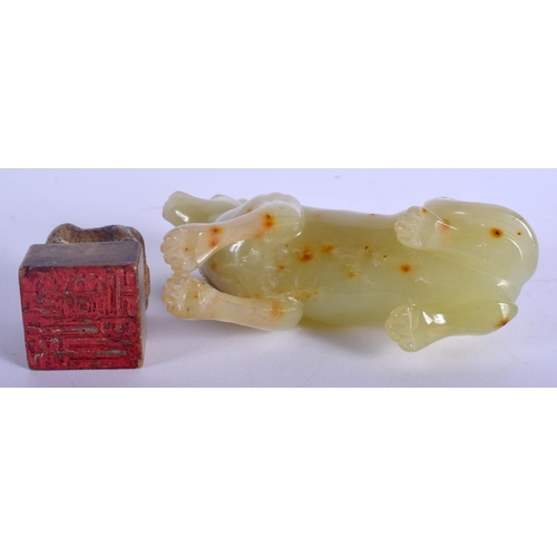 1277 - A 19TH CENTURY CHINESE MUTTON JADE SEAL Qing, together with a jade plaque and dog. Largest 7.5 cm wi... 