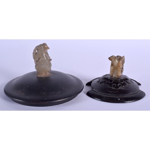 1279 - TWO 19TH CENTURY CHINESE CARVED JADE AND HONGMU CENSER COVERS. Largest 9.5 cm wide. (2)