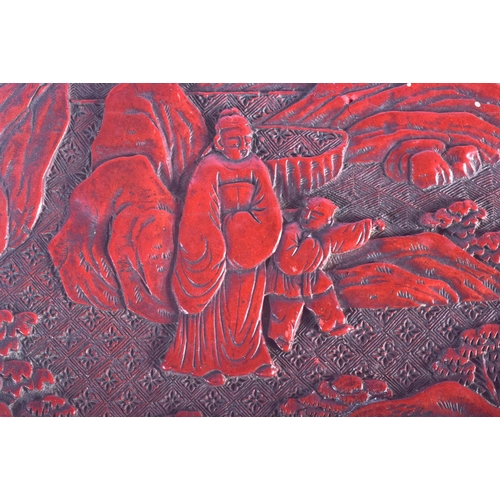 1283 - AN 18TH/19TH CENTURY CHINESE CARVED CINNABAR LACQUER BOX AND COVER Qing, bearing Hongwu marks to top... 