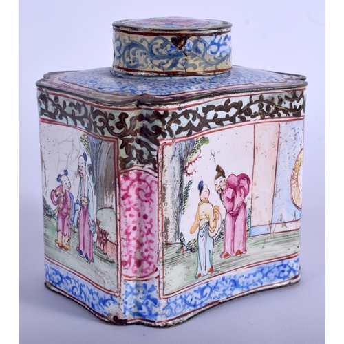 1287 - AN 18TH CENTURY CHINESE CANTON ENAMEL TEA CADDY AND COVER Qianlong, painted with figures in gardens.... 