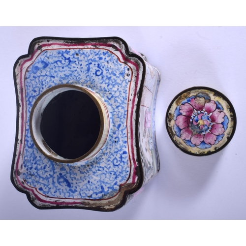 1287 - AN 18TH CENTURY CHINESE CANTON ENAMEL TEA CADDY AND COVER Qianlong, painted with figures in gardens.... 