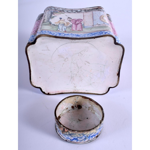 1287 - AN 18TH CENTURY CHINESE CANTON ENAMEL TEA CADDY AND COVER Qianlong, painted with figures in gardens.... 