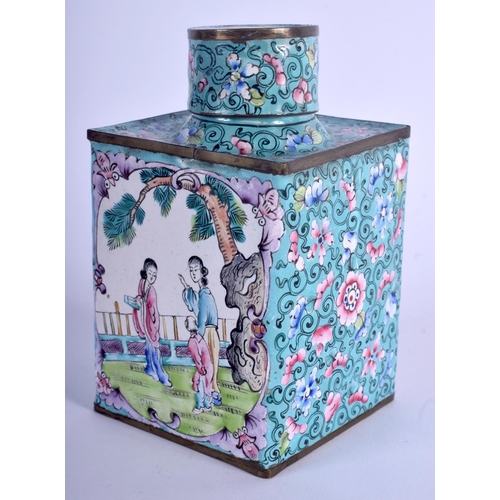 1288 - AN EARLY 20TH CENTURY CHINESE CANTON ENAMEL TEA CADDY AND COVER Qing, painted with figures. 12 cm x ... 