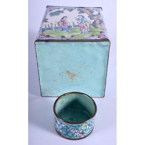 1288 - AN EARLY 20TH CENTURY CHINESE CANTON ENAMEL TEA CADDY AND COVER Qing, painted with figures. 12 cm x ... 