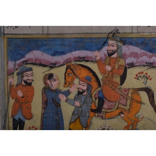 1310 - TWO PERSIAN ILLUMINATED WATERCOLOUR PANELS depicting figures within landscape. Large 30 cm x 20 cm.