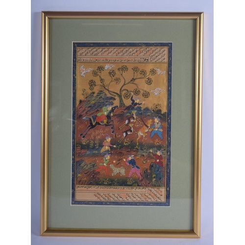 1310 - TWO PERSIAN ILLUMINATED WATERCOLOUR PANELS depicting figures within landscape. Large 30 cm x 20 cm.