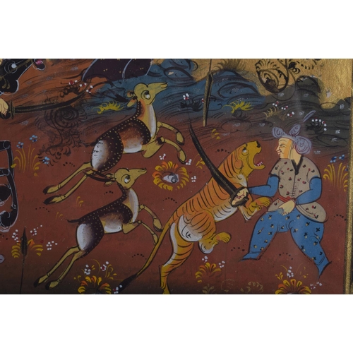 1310 - TWO PERSIAN ILLUMINATED WATERCOLOUR PANELS depicting figures within landscape. Large 30 cm x 20 cm.