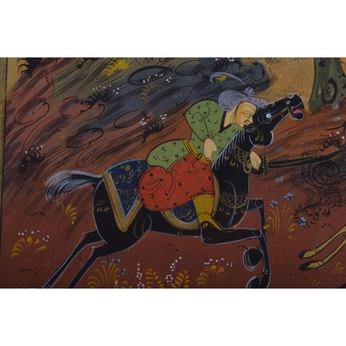 1310 - TWO PERSIAN ILLUMINATED WATERCOLOUR PANELS depicting figures within landscape. Large 30 cm x 20 cm.