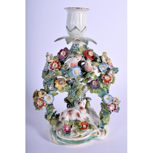 205 - Derby candlestick figure group a dog seated beneath a flowering arbour with two birds perched among ... 