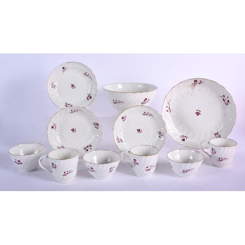209 - Three Flight coffee cups, saucers and teabowls and a match slop bowl with puce flowers. 19.5 cm wide... 