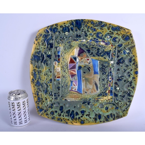 216 - A LARGE CONTEMPORARY STUDIO POTTERY SQUARE DISH enamelled in the Troika style. 32 cm square.
