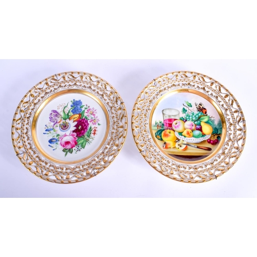 219 - A PAIR OF ANTIQUE AUSTRIAN PLATES NGF Gisshuebl, painted with still lifes. 25 cm diameter.