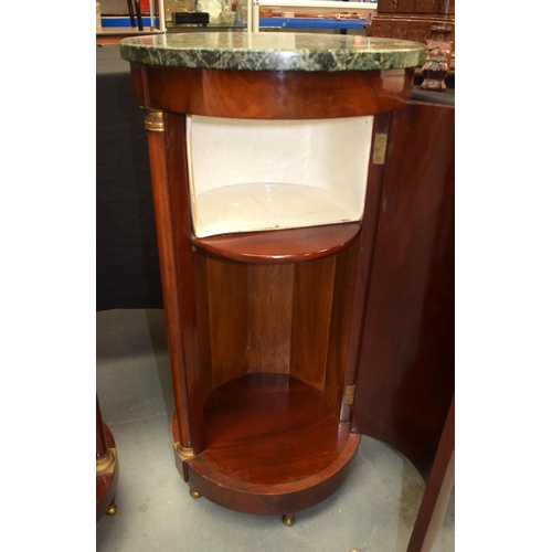228 - A GOOD PAIR OF EARLY 19TH CENTURY FRENCH BEDSIDE TABLES with ormolu mounts and marble tops. Largest ... 